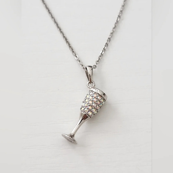 Sterling Silver CZ Rhinestone Champagne Glass Pendant Necklace NEW - Picture 1 of 5